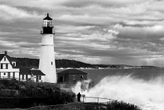 Huge Waves Crash by Portland Lighthouse in Late Winter -BW